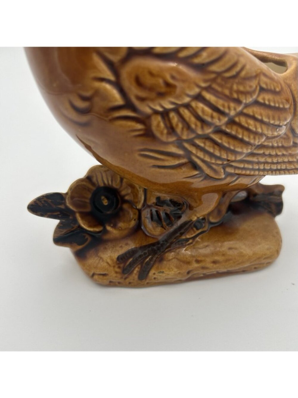 Vintage Glossy Brown Ceramic Bird with Flowers Planter-6.5" x 8" x 3" - Picture 5 of 7